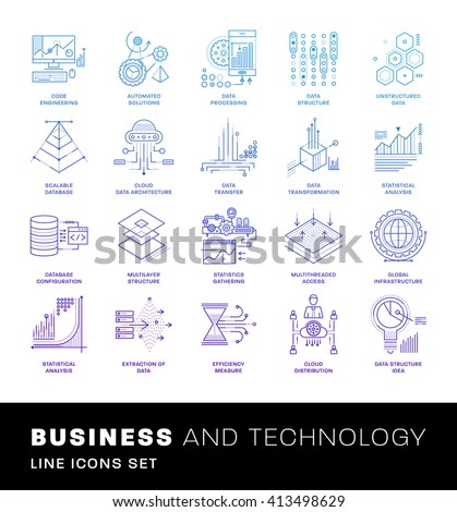 Thin Line Icons Set. Simple Linear Pictogram Collection for Web Design. Stroke Logo Concept Pack. Big Data Structure, Database Architecture, Data Science Technology Concept. Vector Illustration.