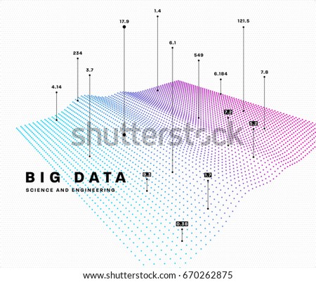 Infographic big data computing concept template. Particles digital field analytics with values visualization. Social network cloud for business posters, placards, covers and presentations.