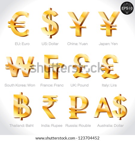 Currency Signs - Dollar, Euro, Yen, Yuan, Won,Franc,Pound,Lira, Baht ...