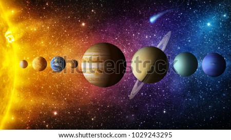 Solar system planet, comet, sun and star. Elements of this image furnished by NASA. Sun, mercury, Venus, planet earth, Mars, Jupiter, Saturn, Uranus, Neptune.  Science and education background. Imagine de stoc © 