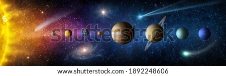 Sun, planets of the solar system and planet Earth, galaxies, stars, comet, asteroid, meteorite, nebula. Space panorama of the universe. Elements of this image furnished by NASA Imagine de stoc © 