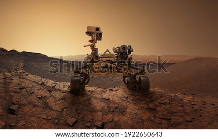  Mars 2020 Perseverance Rover is exploring surface of Mars. Perseverance rover Mission Mars exploration of red planet. Space exploration, science concept. .Elements of this image furnished by NASA. Imagine de stoc © 