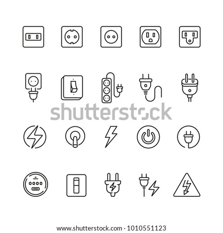 Electrical outlets and switches: thin vector icon set, black and white kit
