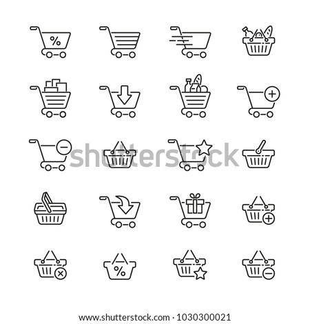 Shopping cart and basket: thin vector icon set, black and white kit