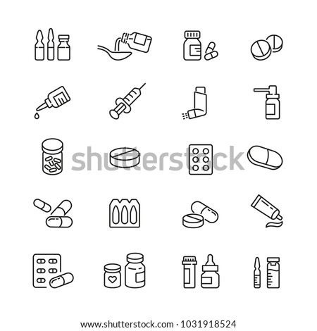 Medicine drugs pills: thin vector icon set, black and white kit