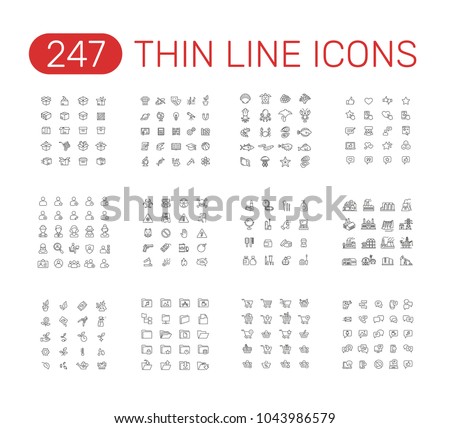 Set of thin line icons pictogram. Box, school subjects, sea food, testimonials, users,
 warning, message, plants, factory buildings, folders, shopping cart, cosmetics theme. Vector illustration design