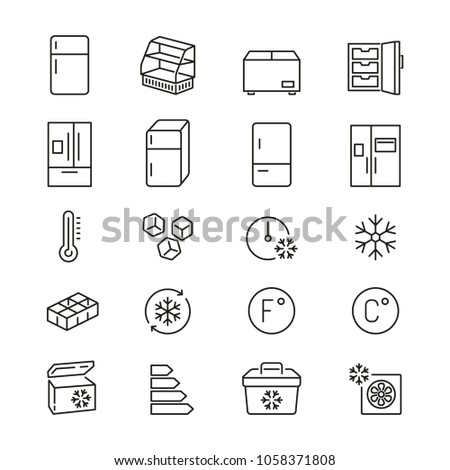 Fridge related icons: thin vector icon set, black and white kit