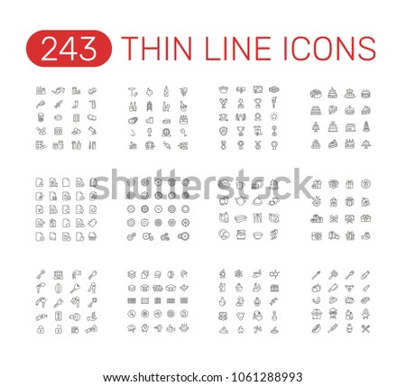 Set of thin line icons pictogram. Pill, wine, award, cake, document, gear, plate, gift, key, layered material, chemistry, barbecue theme. Vector illustration design