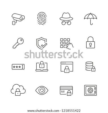 Security related icons: thin vector icon set, black and white kit