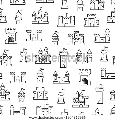 Seamless pattern with castles. Black and white thin line icons