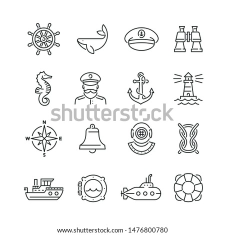 Marine related icons: thin vector icon set, black and white kit