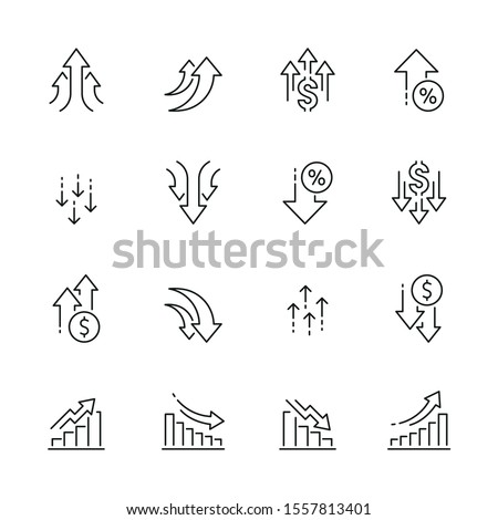 Increase and decrease related icons: thin vector icon set, black and white kit