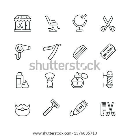Barbershop related icons: thin vector icon set, black and white kit