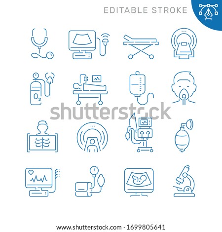 Medical diagnostic equipment related icons. Editable stroke. Thin vector icon set