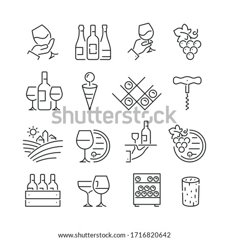 Wine related icons: thin vector icon set, black and white kit