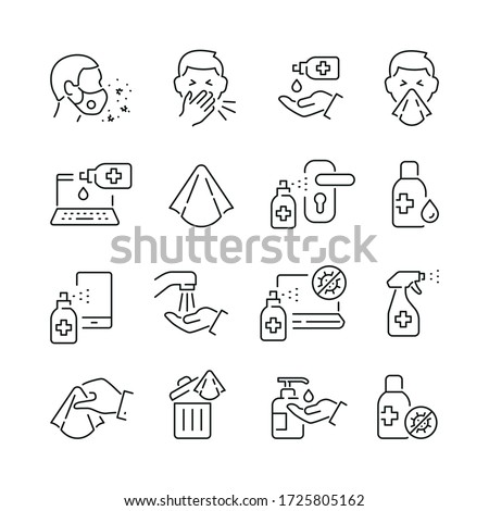 Coronavirus protection related icons: thin vector icon set, black and white kit