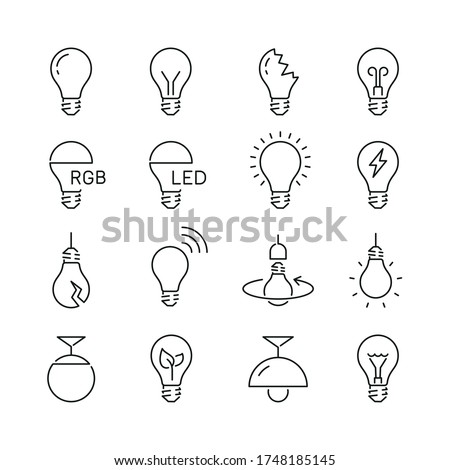 Light bulb related icons: thin vector icon set, black and white kit
