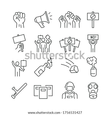 Protest related icons: thin vector icon set, black and white kit