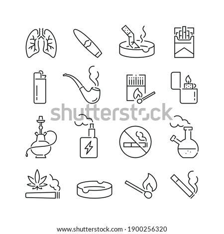 Smoking related icons: thin vector icon set, black and white kit