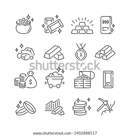 Gold related icons: thin vector icon set, black and white kit