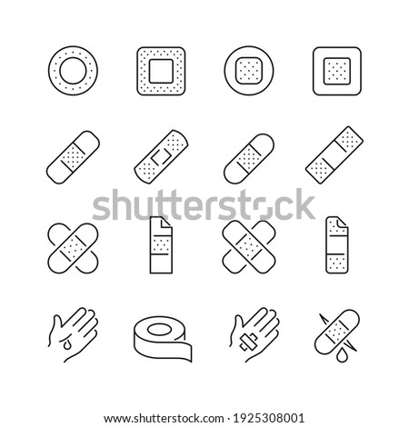 Adhesive plaster related icons: thin vector icon set, black and white kit