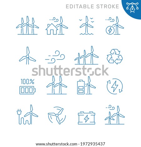 Wind turbine related icons. Editable stroke. Thin vector icon set