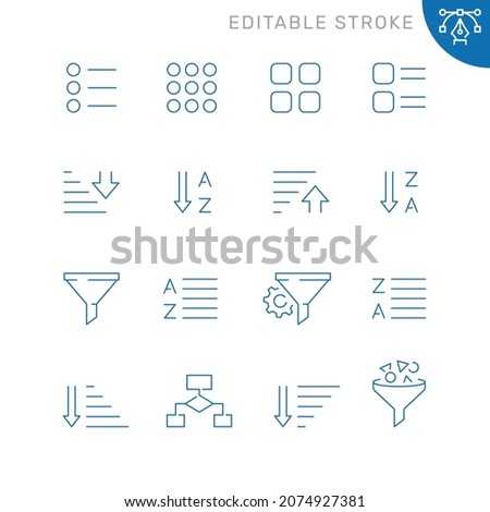 Filtering and sorting related icons. Editable stroke. Thin vector icon set