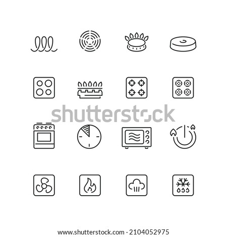 Stove related icons: thin vector icon set, black and white kit