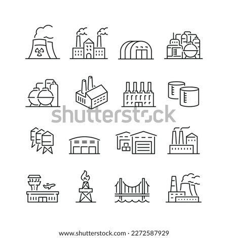 Vector line set of icons related with Industrial buildings. Contains monochrome icons like factory, warehouse, bridge, airport, nuclear power plant and more. Simple outline sign.