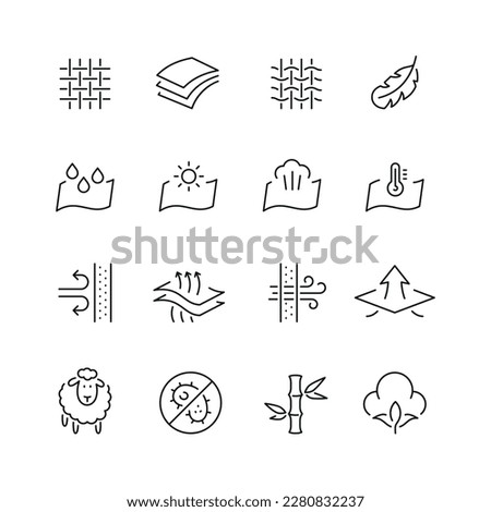 Vector line set of icons related with fabric feature. Contains monochrome icons like fabric, textile, cotton, wool, windproof and more. Simple outline sign.