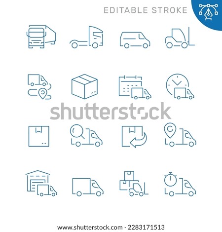 Vector line set of icons related with truck delivery. Contains monochrome icons like delivery, truck, box, transportation, forklift and more. Simple outline sign. Editable stroke.