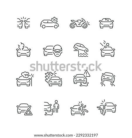 Vector line set of icons related with car accident. Contains monochrome icons like car, collision, crash, auto, accident and more. Simple outline sign.