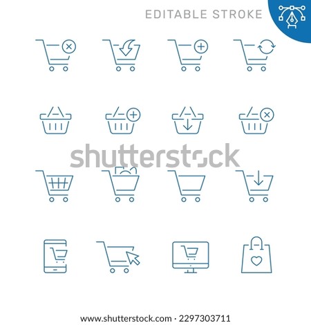 Vector line set of icons related with shopping cart and basket. Contains monochrome icons like cart, basket, bag, shopping and more. Simple outline sign. Editable stroke.