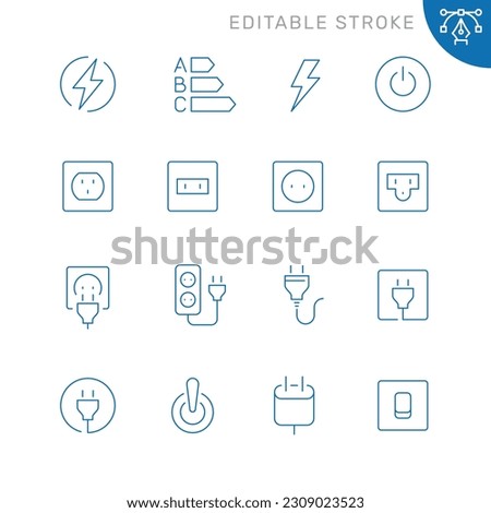 Vector line set of icons related with electrical sockets and plugs. Contains monochrome icons like socket, plug, electric, outlet and more. Simple outline sign. Editable stroke.