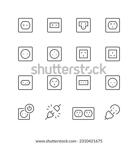 Vector line set of icons related with electrical sockets. Contains monochrome icons like socket, electric, outlet and more. Simple outline sign.