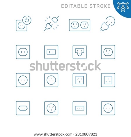 Vector line set of icons related with electrical sockets. Contains monochrome icons like socket, electric, outlet and more. Simple outline sign. Editable stroke.