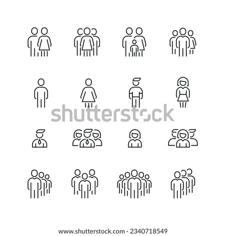 Vector line set of icons related with people. Contains monochrome icons like person, team, man, woman, group, crowd and more. Simple outline sign.