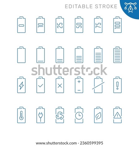 Vector line set of icons related with battery. Contains monochrome icons like accumulator, power, charge, energy, electricity and more. Simple outline sign. Editable stroke.