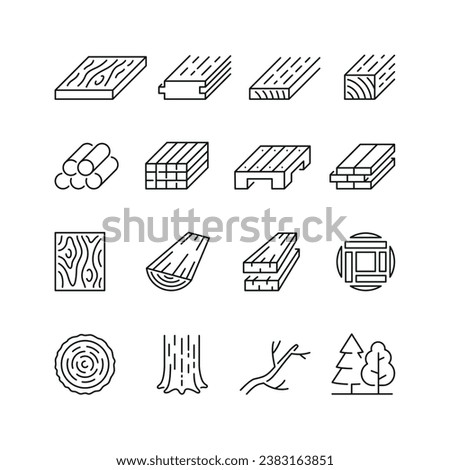 Vector line set of icons related with lumber. Contains monochrome icons like sawmill, timber, wood, forestry, board, branch and more. Simple outline sign.