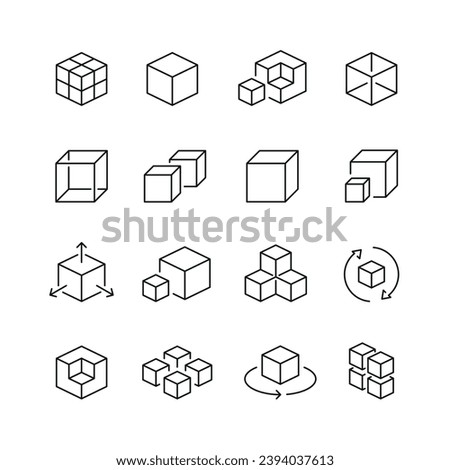 Vector line set of icons related with cubes. Simple outline sign.