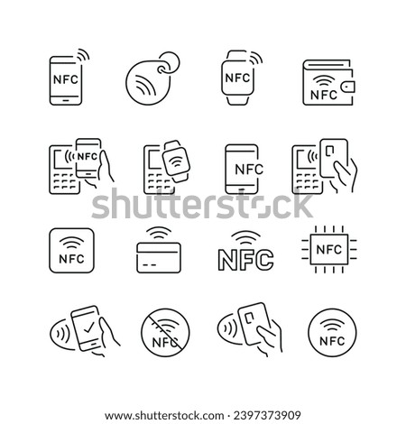 Vector line set of icons related with nfc. Contains monochrome icons like credit card, smartphone, pos, contactless, cashless and more. Simple outline sign.