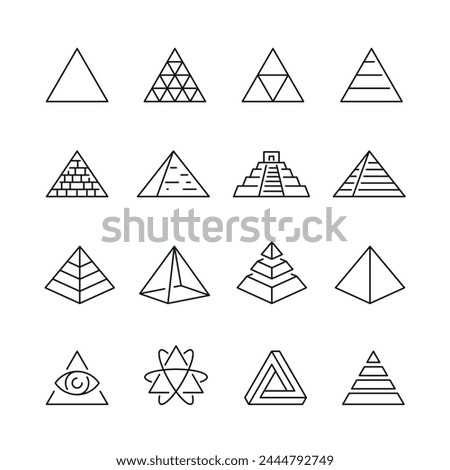 Vector line set of icons related with pyramid. Simple outline sign.