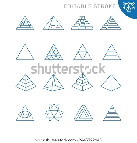 Vector line set of icons related with pyramid. Simple outline sign. Editable stroke.