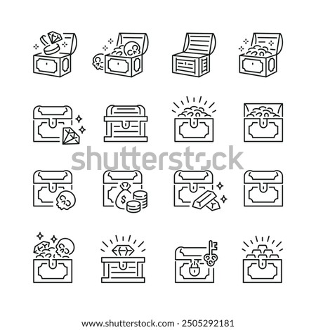 Vector line set of icons related with treasure. Contains monochrome icons like gold, coin, jewellery, treasure, pirate and more. Simple outline sign.