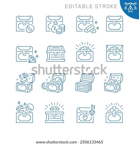 Vector line set of icons related with treasure. Contains monochrome icons like gold, coin, jewellery, treasure, pirate and more. Simple outline sign. Editable stroke.