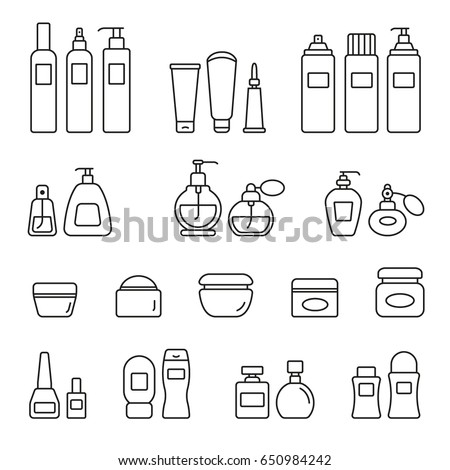 Cosmetic bottles: thin monochrome icon set, black and white kit