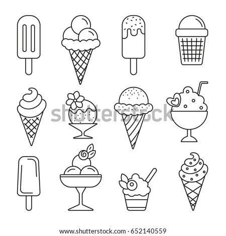 Ice cream: thin monochrome icon set, black and white kit