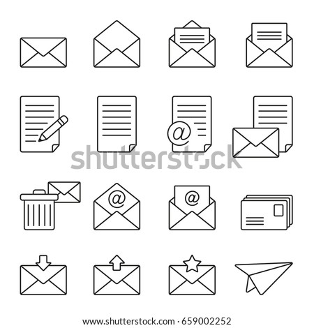 Mail icons: thin monochrome icon set, black and white kit