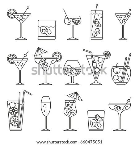 Monochrome cocktails set: thin monochrome icons set, black and white kit ストックフォト © 