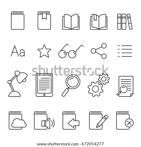 E-book reader: thin monochrome icon set, black and white kit